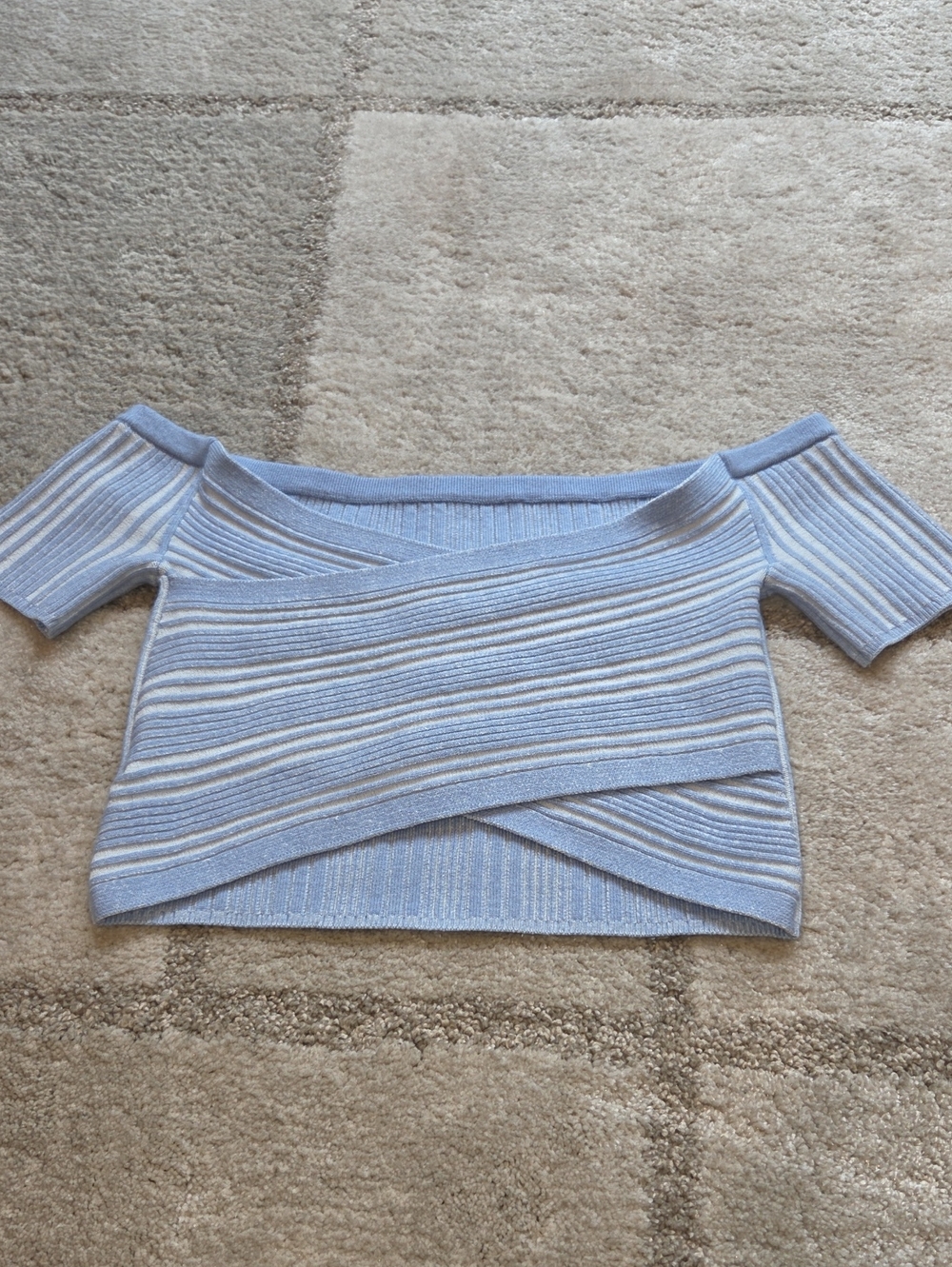 aerie Light Blue Striped Off-the-Shoulder Ribbed Crop Sweater